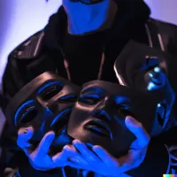 model holds theater masks, cyberpunk style