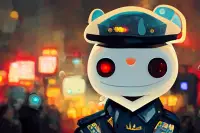 reddit mascot snoo as police robot, in cyberpunk style, created by AI