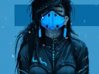 woman model wears face full sized mask, in cyberpunk style, digital illustration